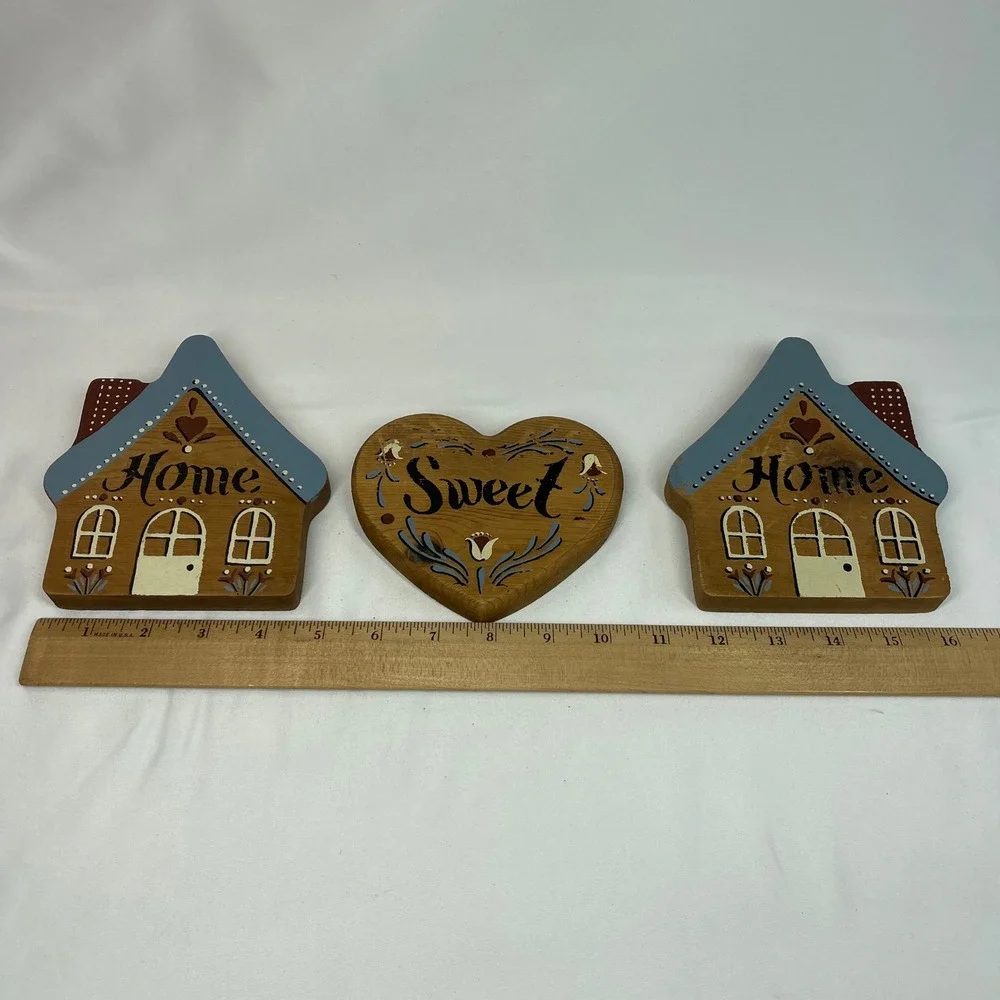 Vintage Wood Home Sweet Home Wall Plaques Set of 3 Folk Art Country Decor